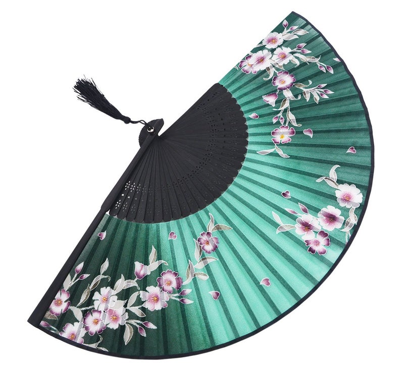 Amajiji Charming Elegant Modern Woman Handmade Bamboo Silk 8.27" (21cm) Folding Pocket Purse Hand Fan/Chinese Japanese Vintage Retro Style Handheld Folding Fan (Green) - Image 3